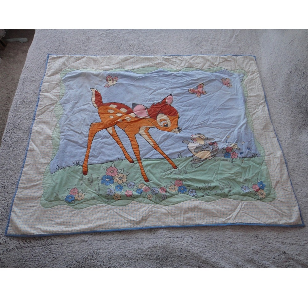 Vintage Disney Bambi Thumper Reversible Quilted Baby Blanket Blue Gingham 31x40